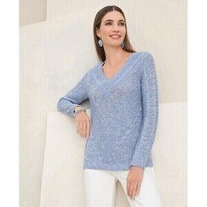 Chico's Textured Open Knit V-Neck Sweater Women L Blue Classic Oversize Pullover